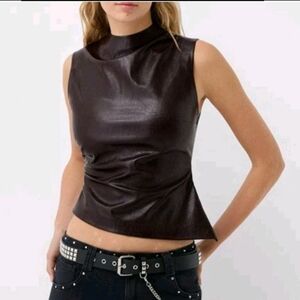 Marron Asymmetric Draped Leather Effect Top, Size Large
